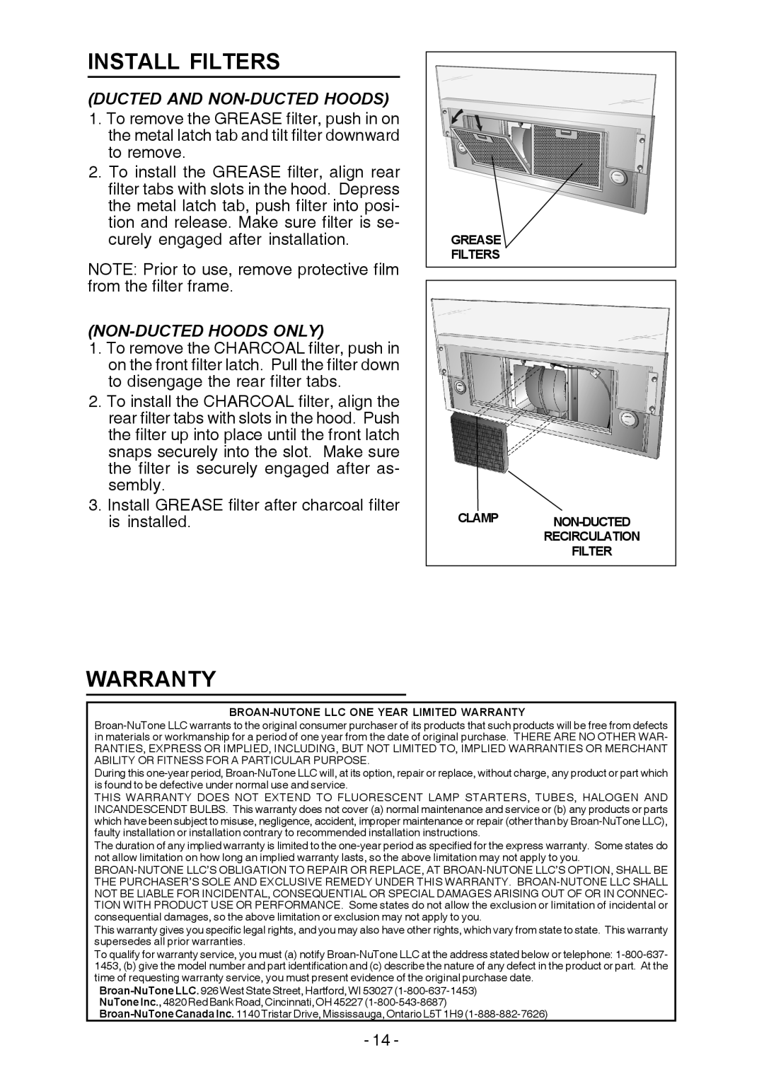Broan E55000 manual Install Filters, Warranty 