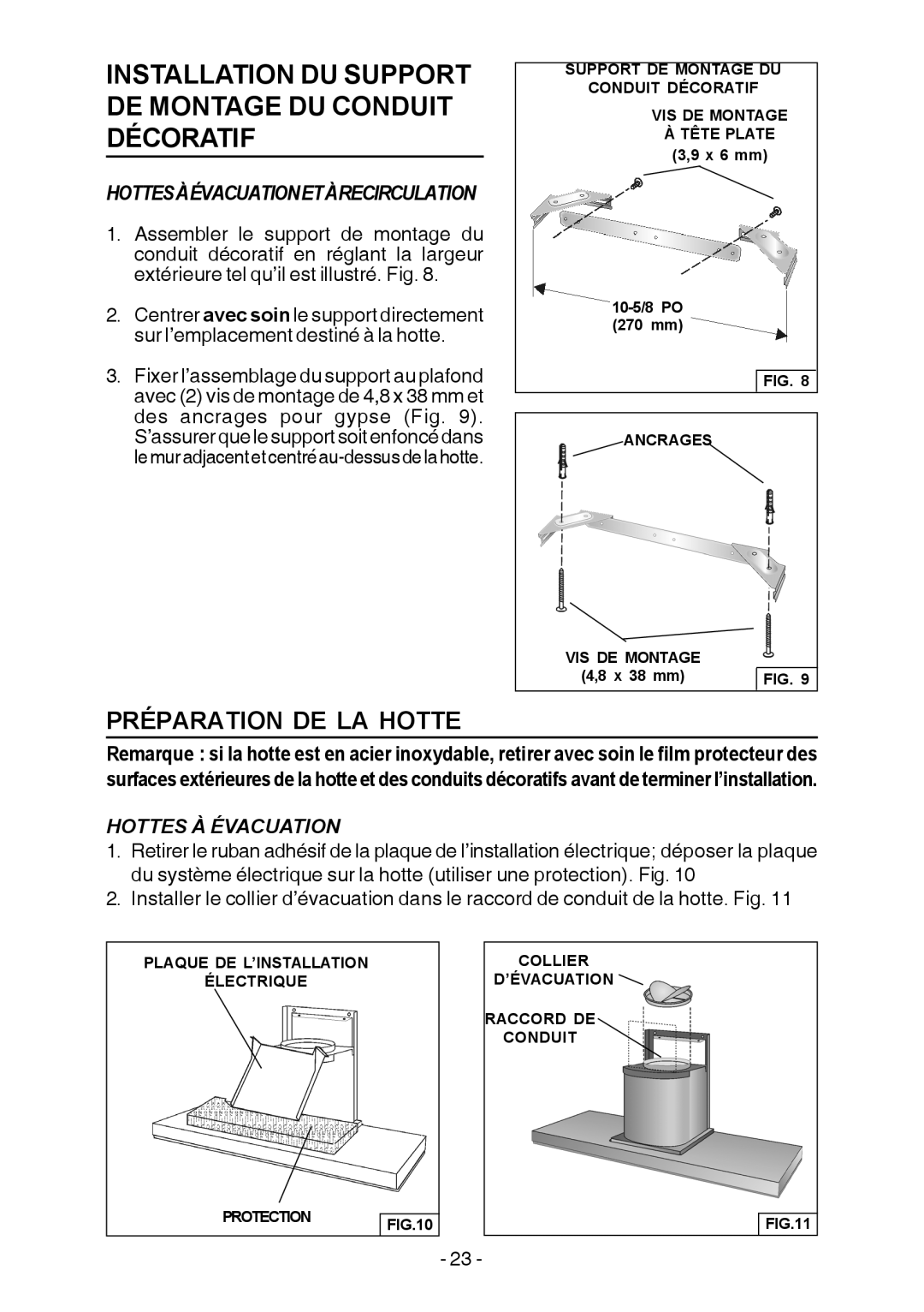 Broan E55000 manual Installation Du Support De Montage Du Conduit Décoratif, Préparation De La Hotte 