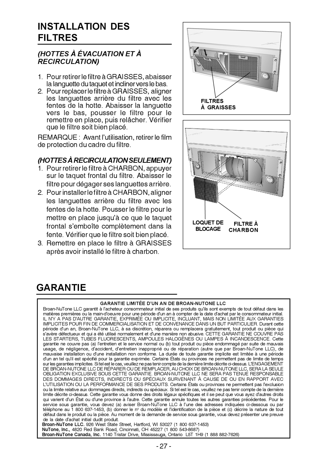 Broan E55000 manual Installation Des Filtres, Garantie, Hottes À Évacuation Et À Recirculation 