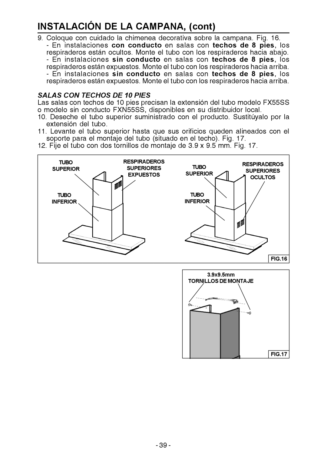 Broan E55000 manual INSTALACIÓN DE LA CAMPANA, cont, SALAS CON TECHOS DE 10 PIES 
