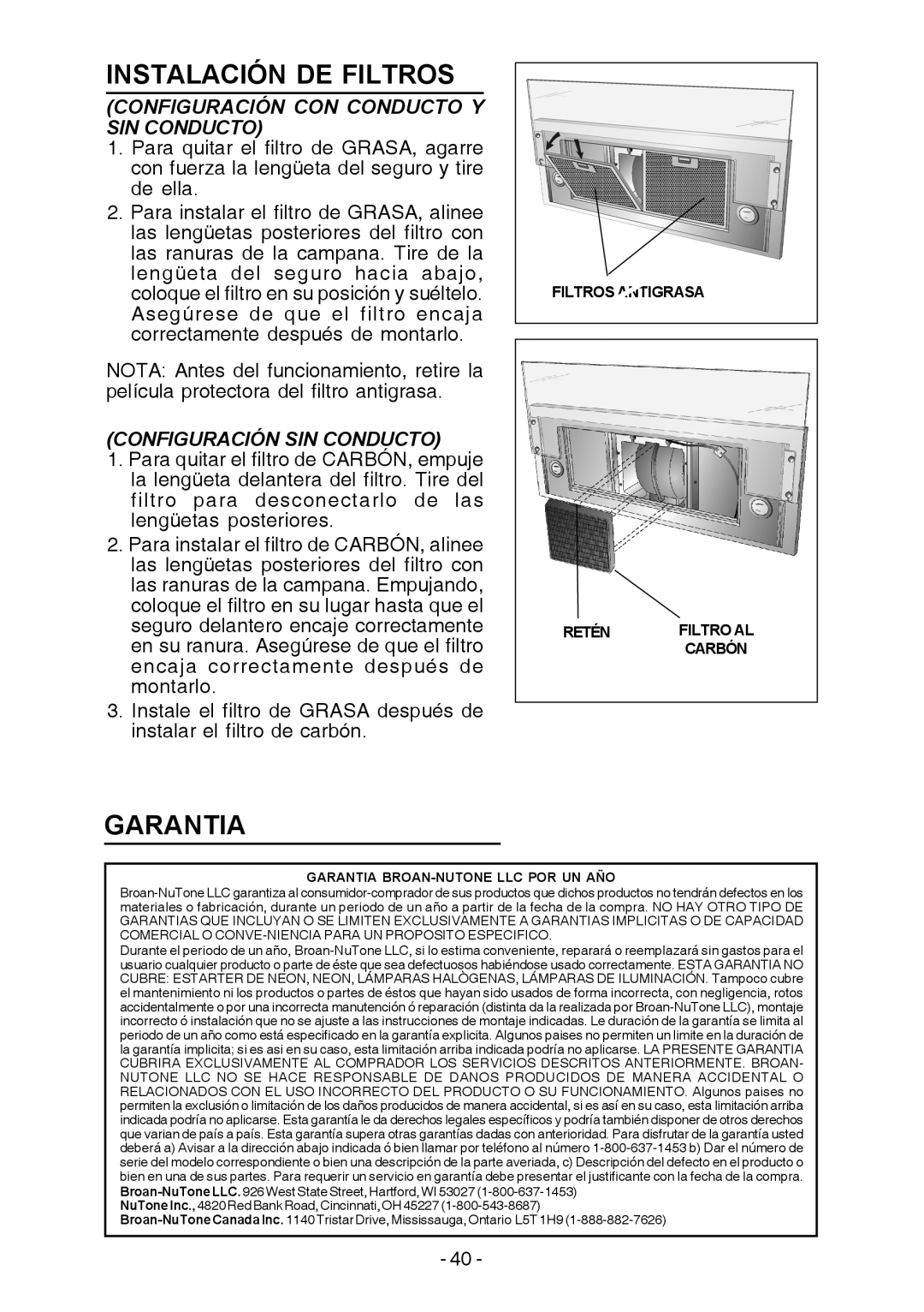 Broan E55000 manual Instalación De Filtros, Garantia 
