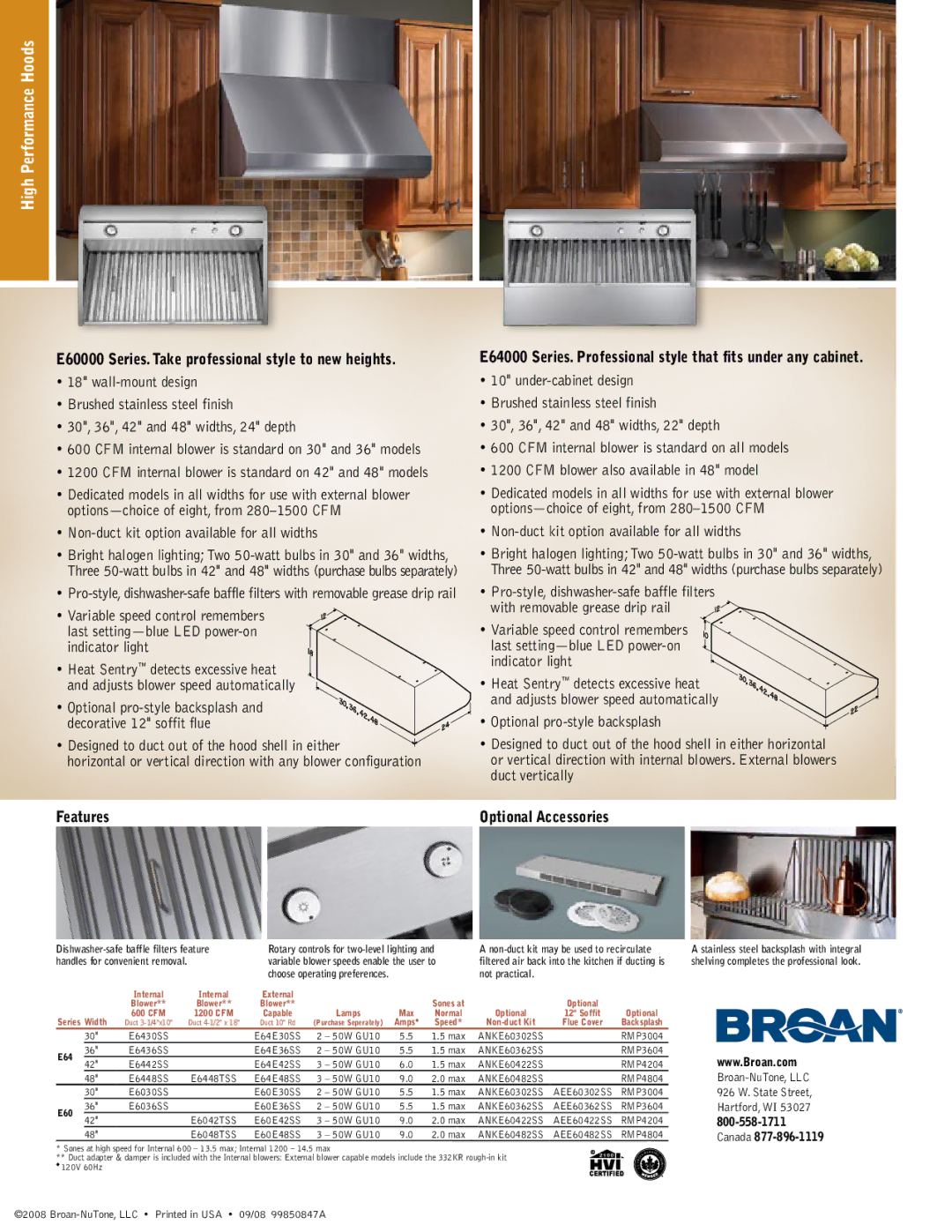 Broan E64000 manual E60000 Series. Take professional style to new heights, Non-duct kit option available for all widths 