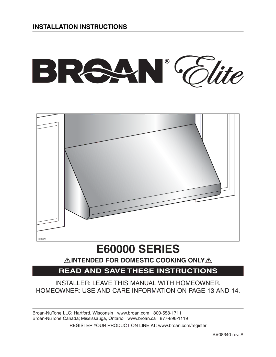 Broan E60000 Series installation instructions Installation Instructions 