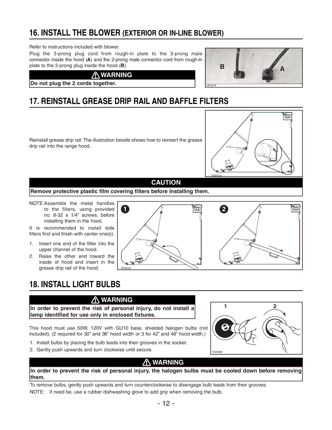 Broan E60000 Series installation instructions Reinstall Grease Drip Rail and Baffle Filters, Install Light Bulbs 