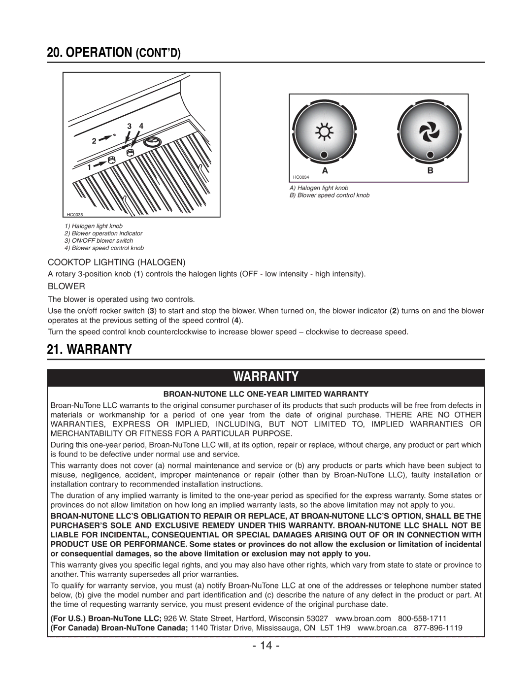 Broan E60000 Series installation instructions Warranty, Operation CONT’D 