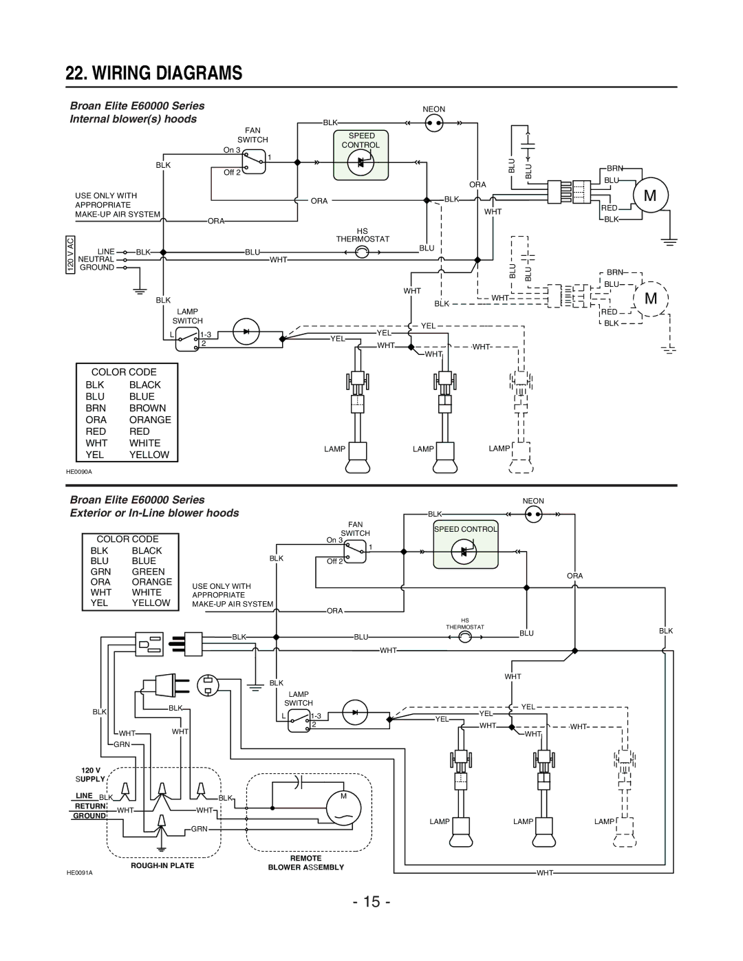 Broan E60000 Series installation instructions Wiring Diagrams, Internal blowers hoods 