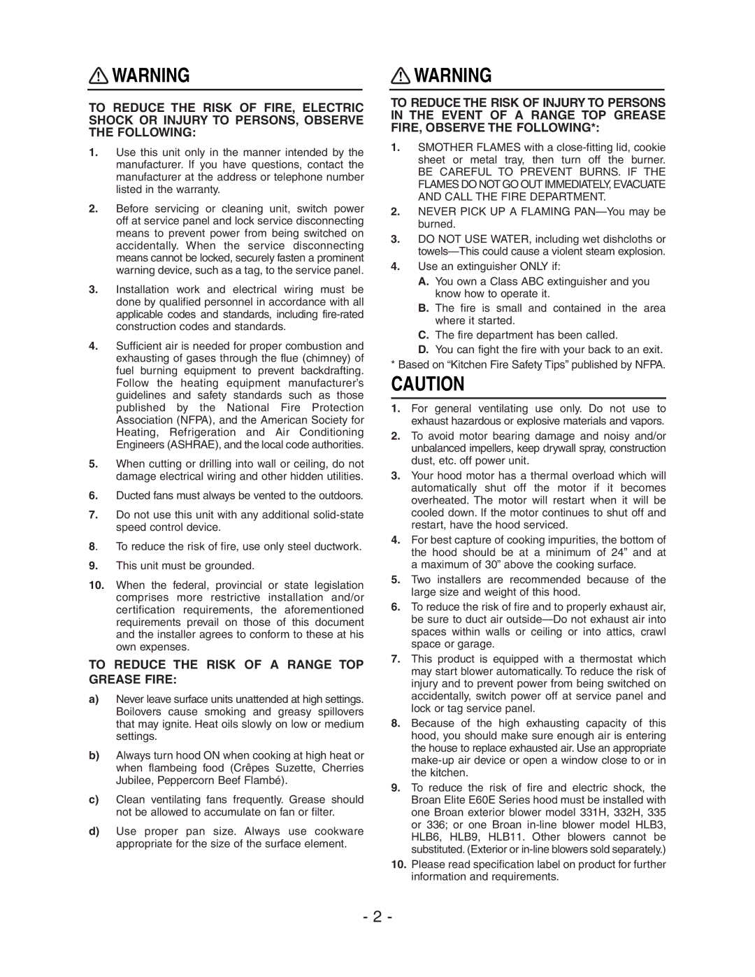 Broan E60000 Series installation instructions To Reduce the Risk of a Range TOP Grease Fire 