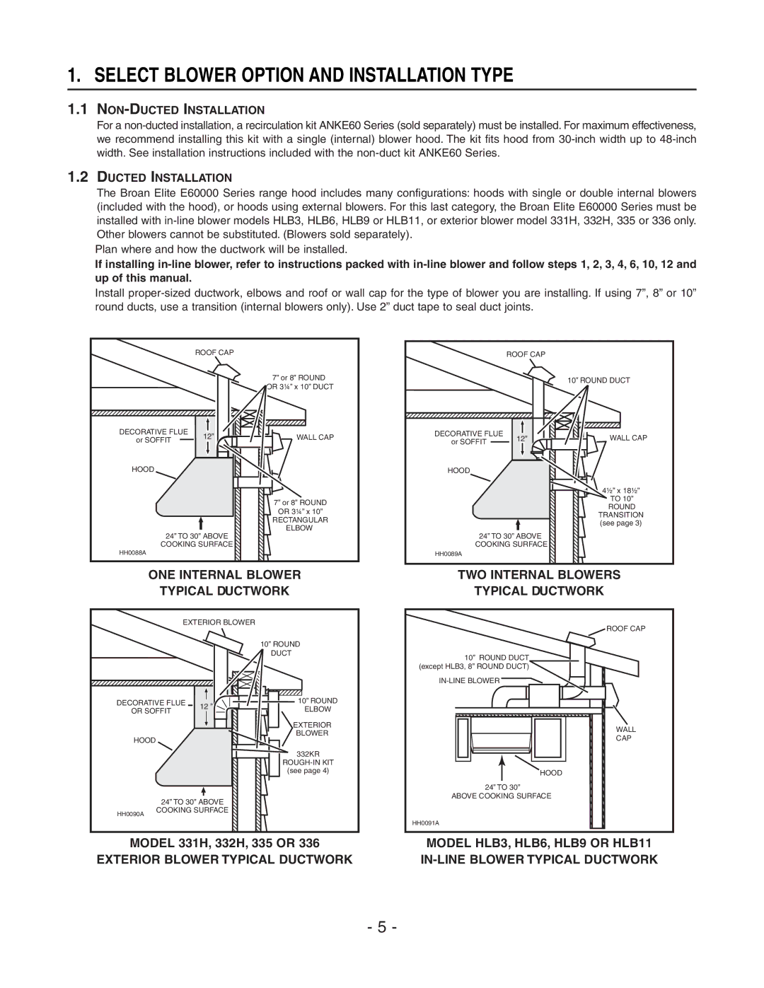 Broan E60000 Series installation instructions Select Blower Option and Installation Type, NON-DUCTED Installation 