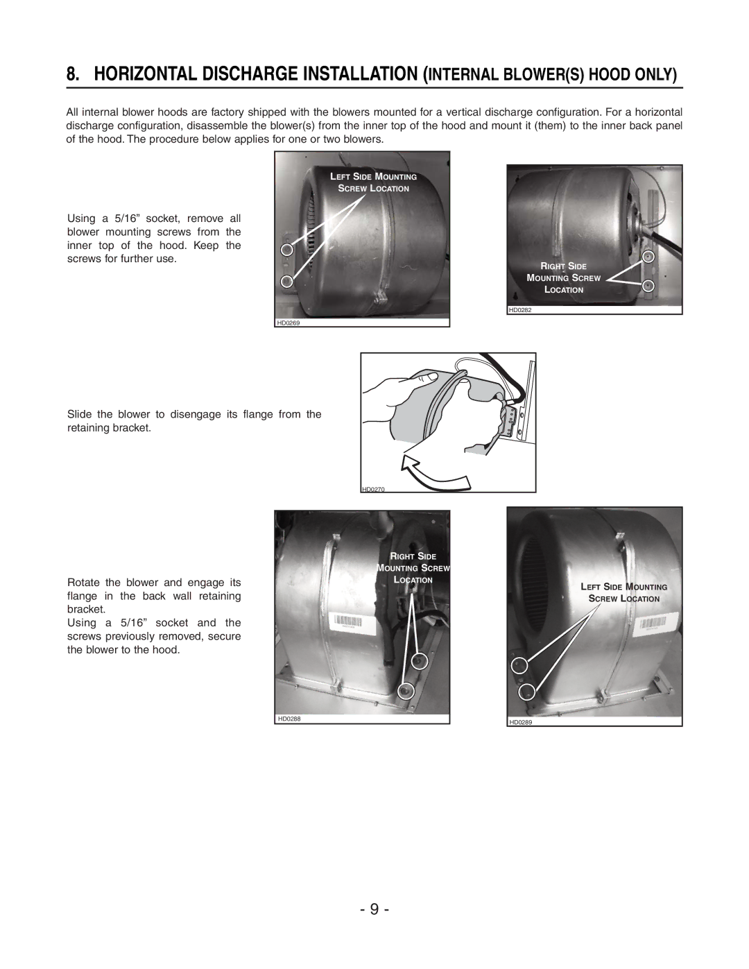 Broan E60000 Series installation instructions Horizontal Discharge Installation Internal Blowers Hood only 