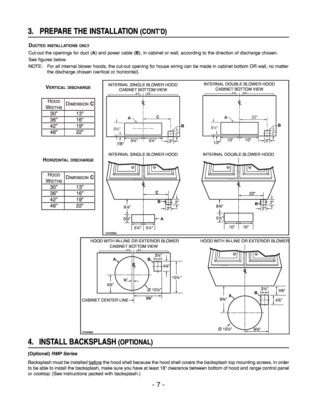 Broan E60000 Series Prepare The Installation Cont’D, Install Backsplash Optional, 30’’, 36’’, 42’’, 48’’ 