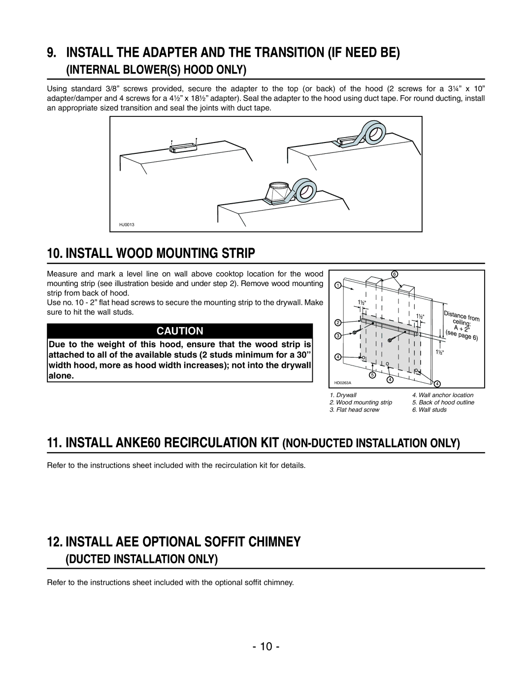 Broan E6036SS Install the Adapter and the Transition if Need be, Install Wood Mounting Strip, Internal Blowers Hood only 