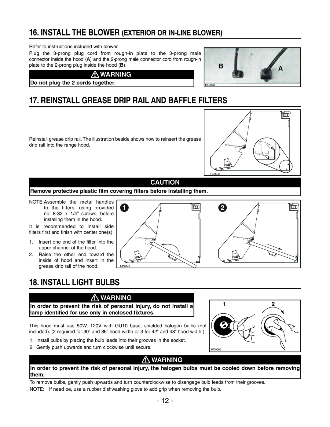 Broan E6036SS, E6030SS installation instructions Reinstall Grease Drip Rail and Baffle Filters, Install Light Bulbs 