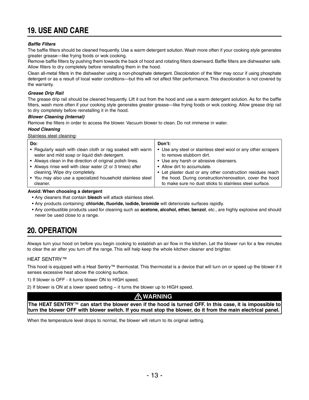 Broan E6030SS, E6036SS installation instructions USE and Care, Operation, Heat Sentry 