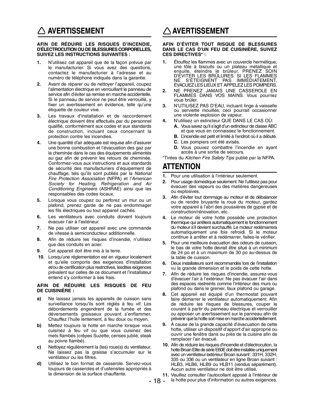 Broan E6036SS, E6030SS installation instructions Avertissement, Afin DE Réduire LES Risques DE FEU DE Cuisinière 