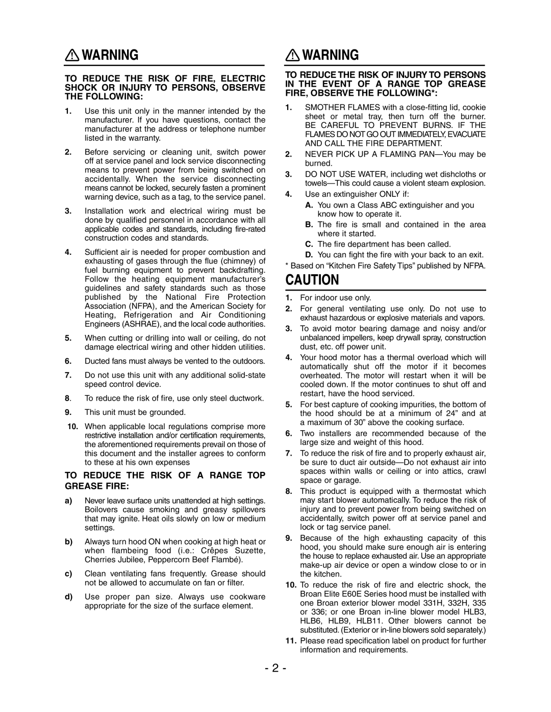 Broan E6036SS, E6030SS installation instructions To Reduce the Risk of a Range TOP Grease Fire 