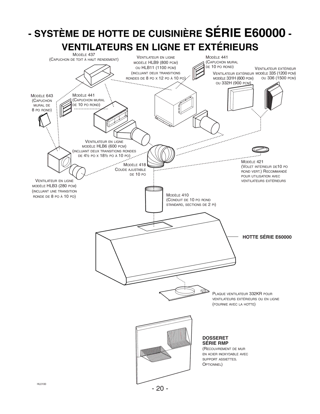 Broan E6036SS, E6030SS installation instructions Dosseret Série RMP, OU HLB11 1100 PCM, OU 332H 900 PCM 