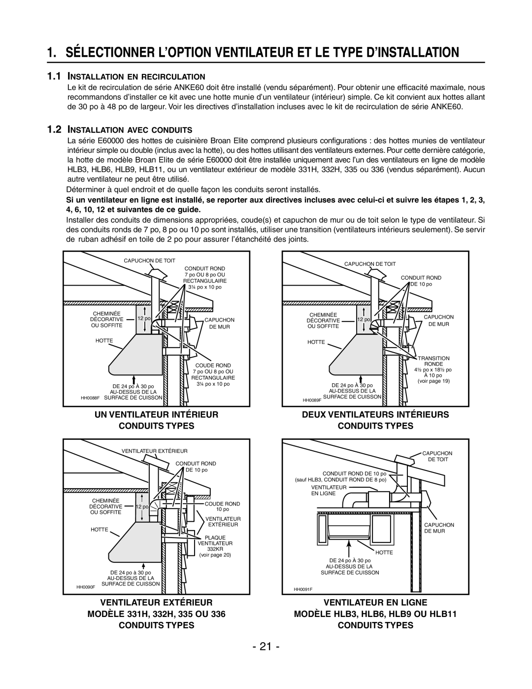 Broan E6030SS, E6036SS Sélectionner L’OPTION Ventilateur ET LE Type D’INSTALLATION, Installation EN Recirculation 