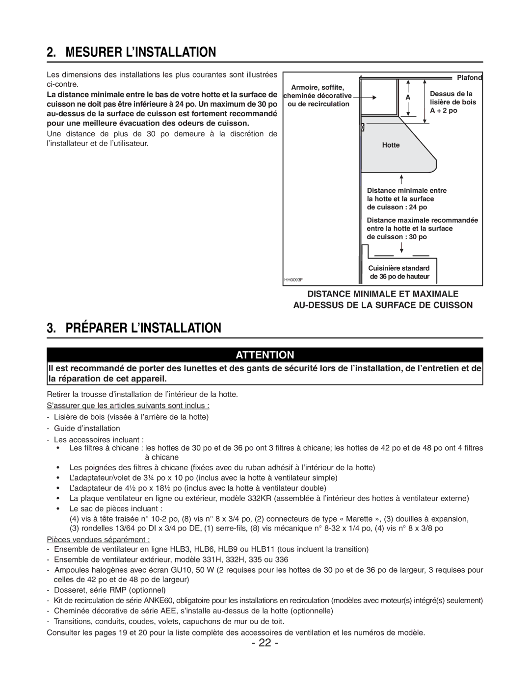 Broan E6036SS, E6030SS installation instructions Mesurer L’INSTALLATION, Préparer L’INSTALLATION 