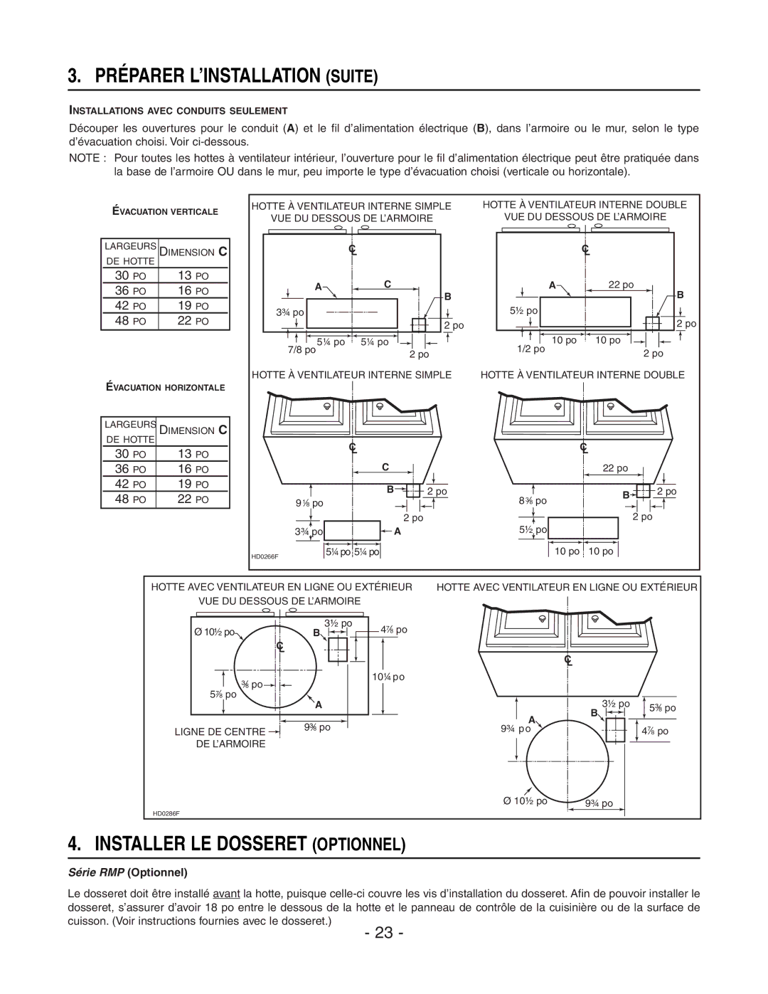 Broan E6030SS, E6036SS installation instructions Préparer L’INSTALLATION Suite, Installer LE Dosseret Optionnel 