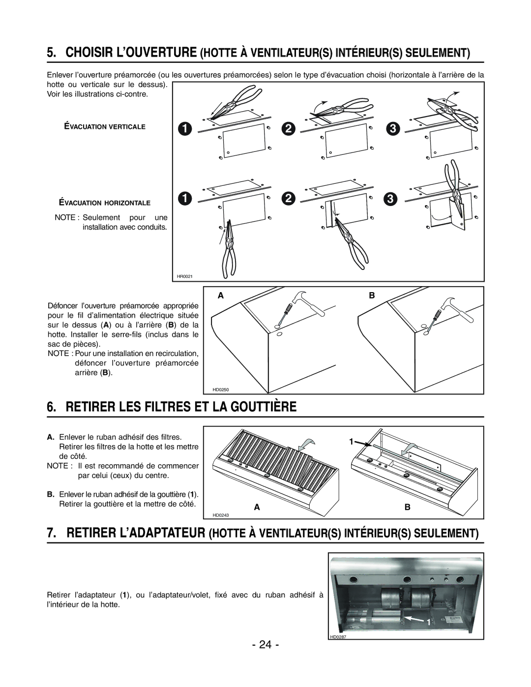 Broan E6036SS, E6030SS installation instructions Retirer LES Filtres ET LA Gouttière 