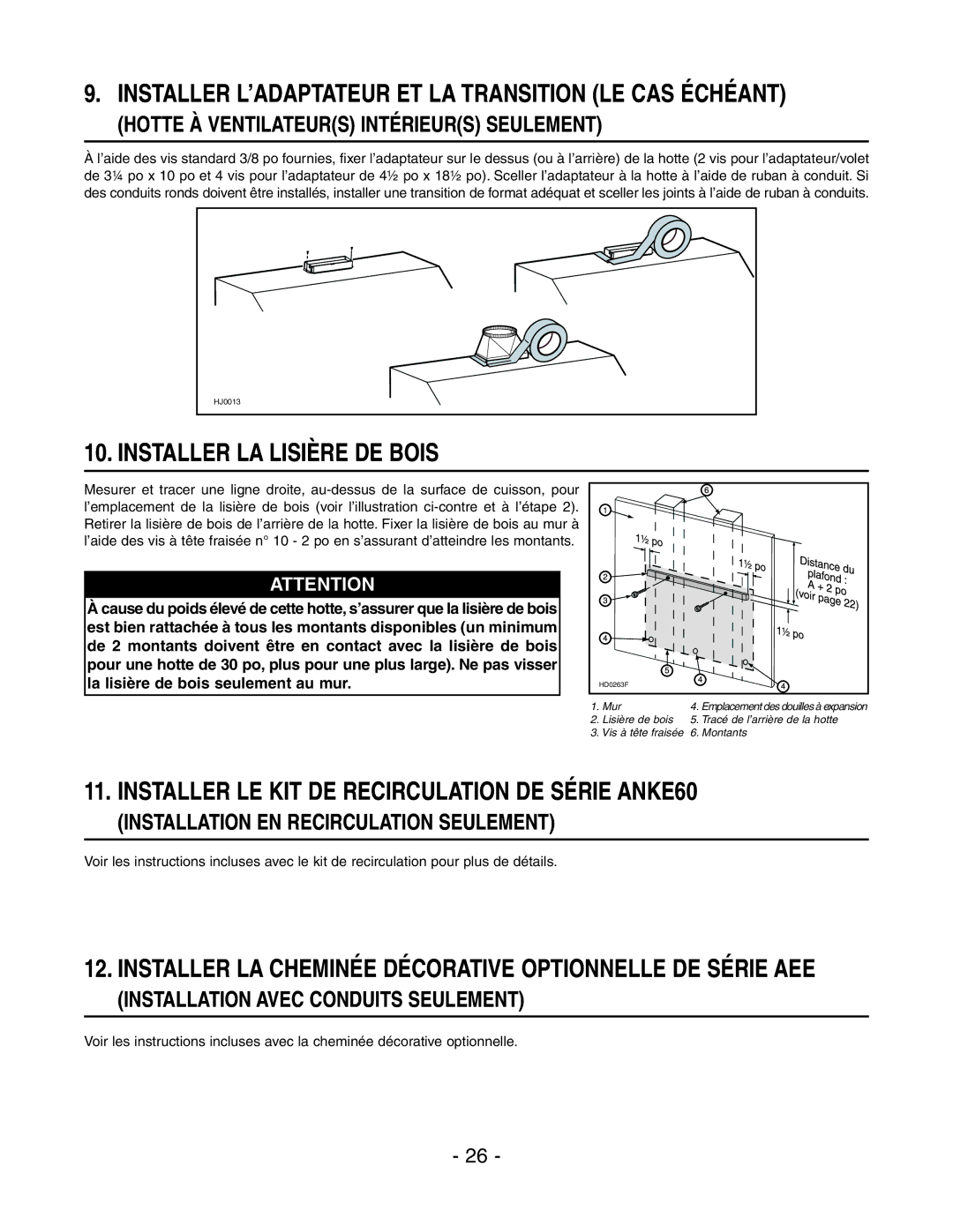 Broan E6036SS, E6030SS Installer L’ADAPTATEUR ET LA Transition LE CAS Échéant, Installer LA Lisière DE Bois 