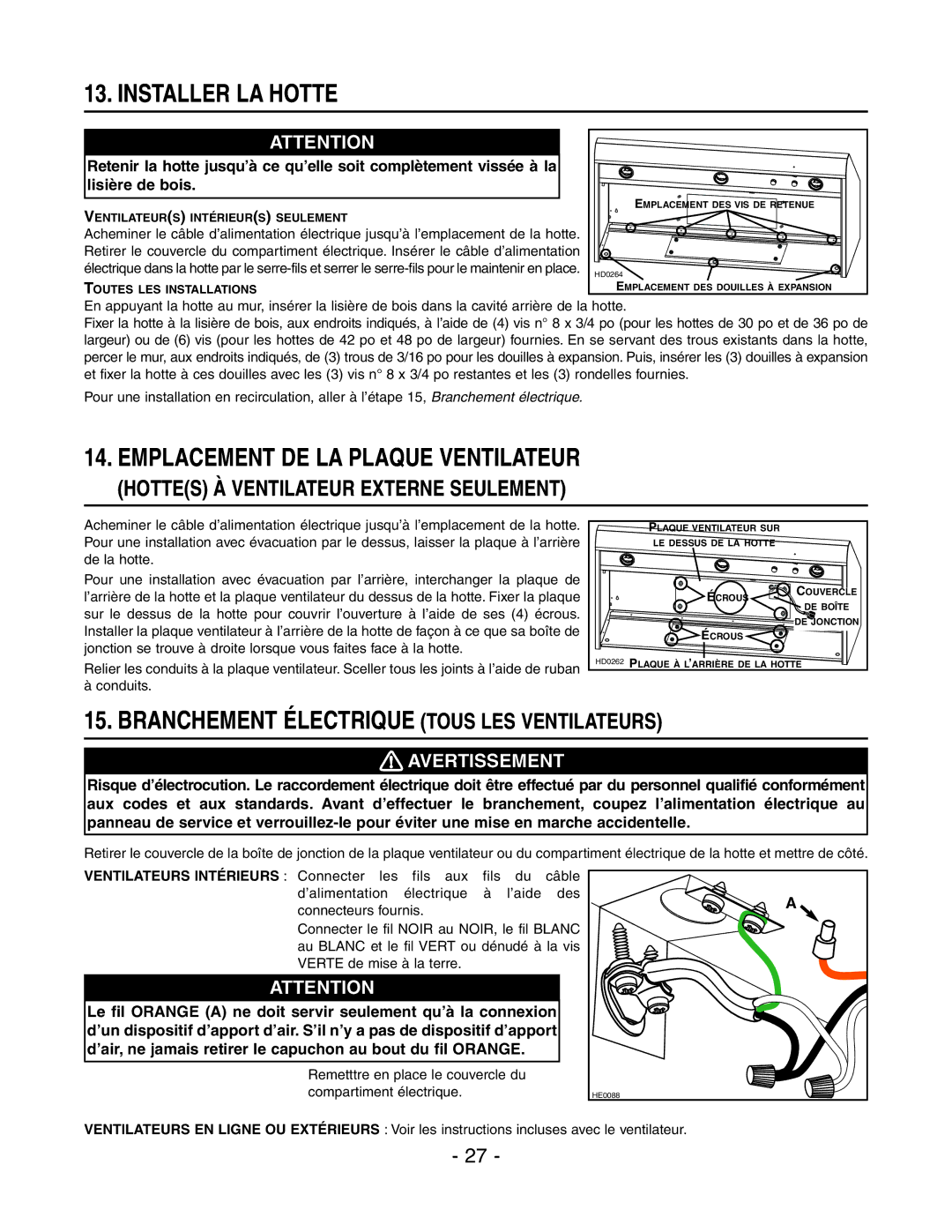 Broan E6030SS Installer LA Hotte, Emplacement DE LA Plaque Ventilateur, Branchement Électrique Tous LES Ventilateurs 