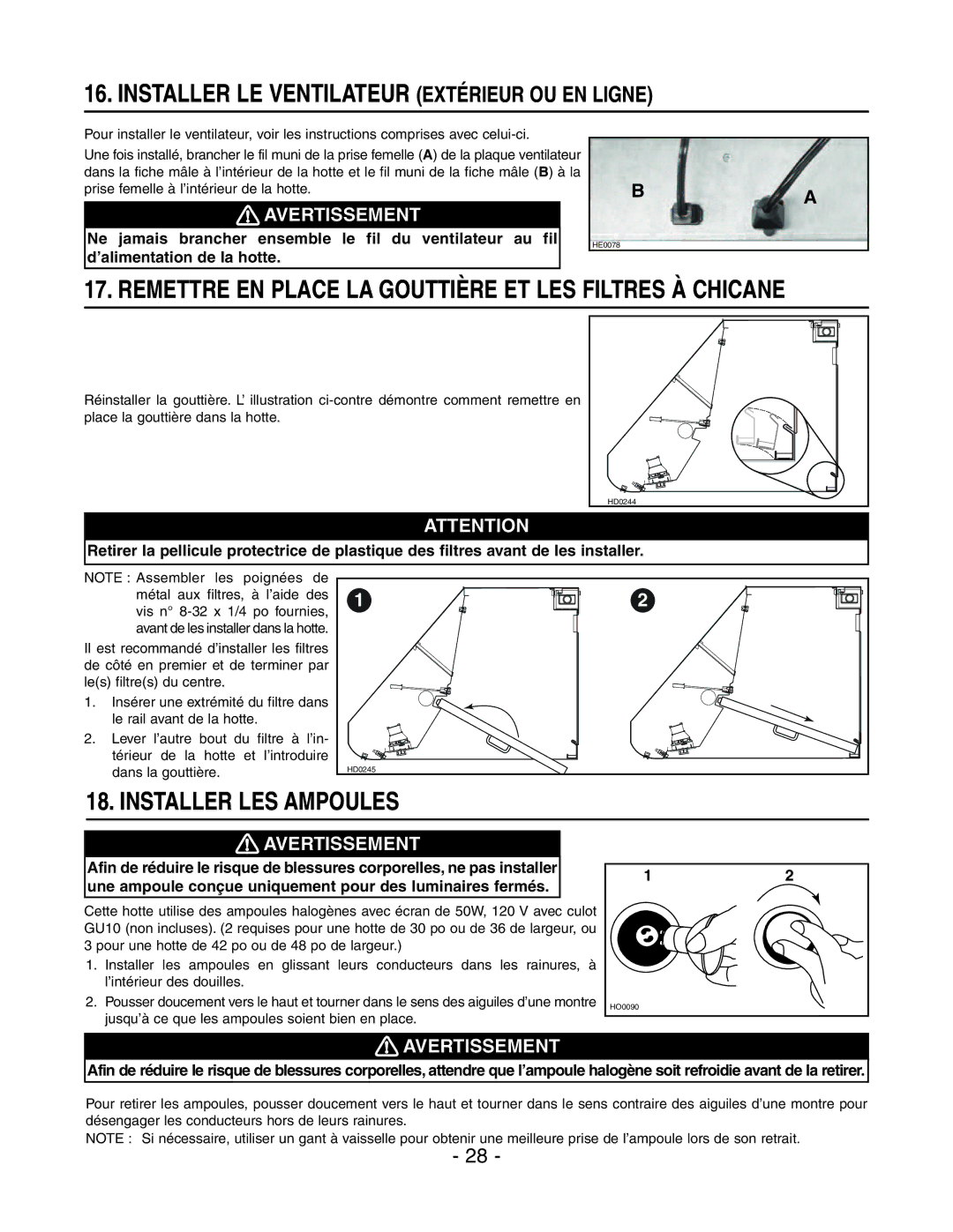 Broan E6036SS Installer LE Ventilateur Extérieur OU EN Ligne, Remettre EN Place LA Gouttière ET LES Filtres À Chicane 