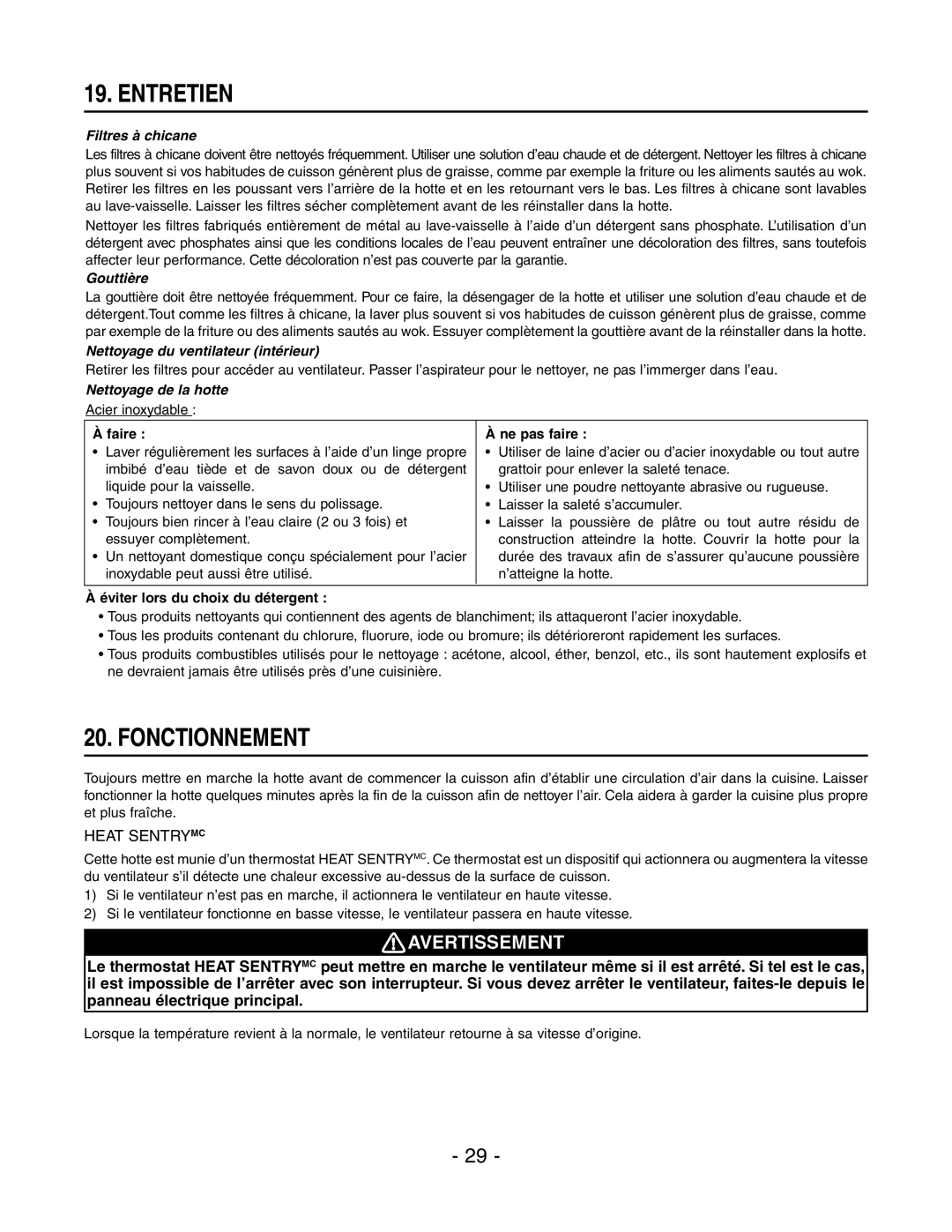 Broan E6030SS, E6036SS installation instructions Entretien, Fonctionnement, Heat Sentrymc 