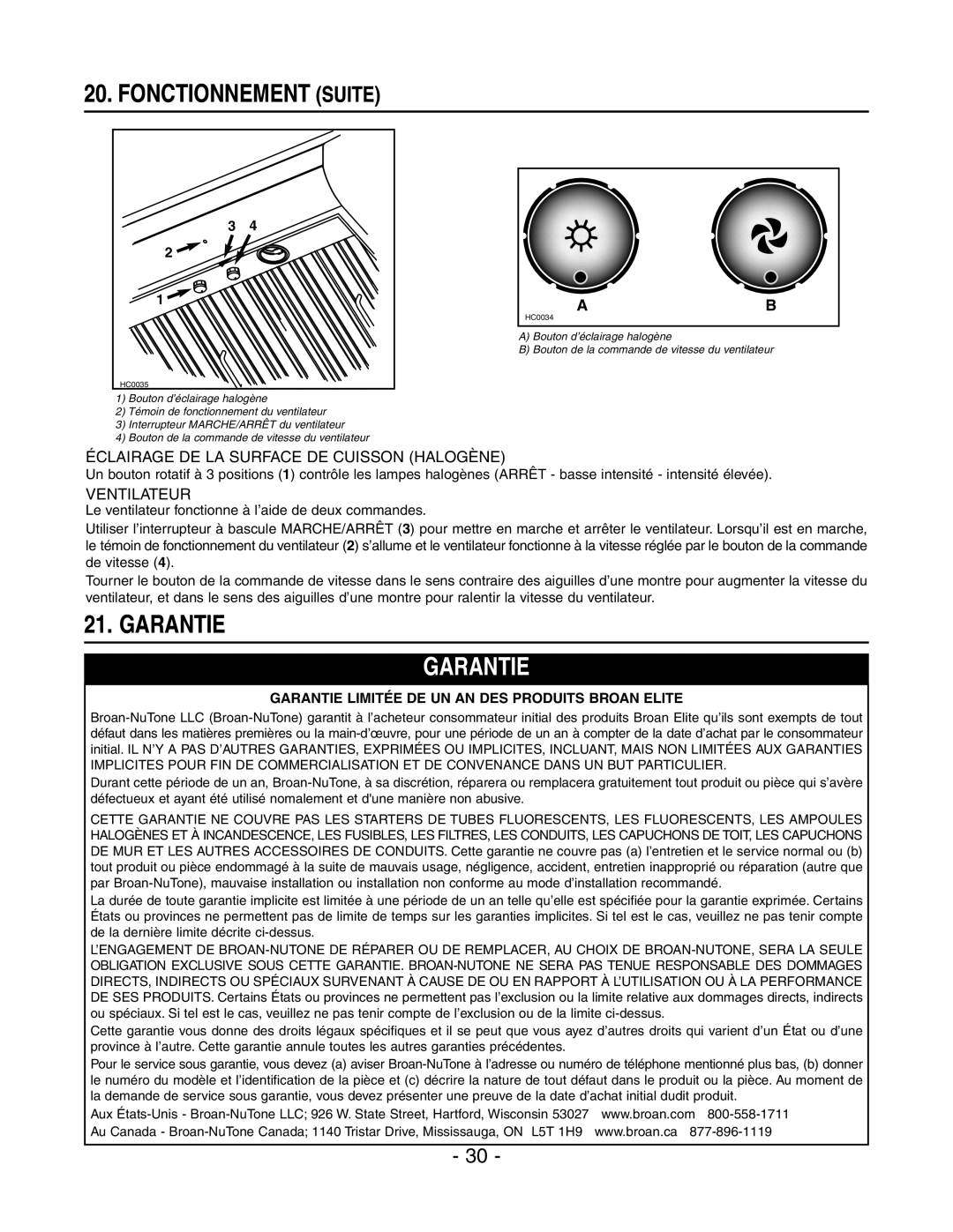 Broan E6036SS, E6030SS installation instructions Garantie, Éclairage DE LA Surface DE Cuisson Halogène, Ventilateur 