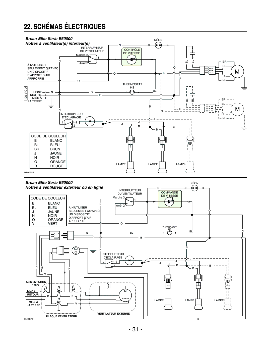 Broan E6030SS, E6036SS Schémas Électriques, Broan Elite Série E60000, Hottes à ventilateurs intérieurs 