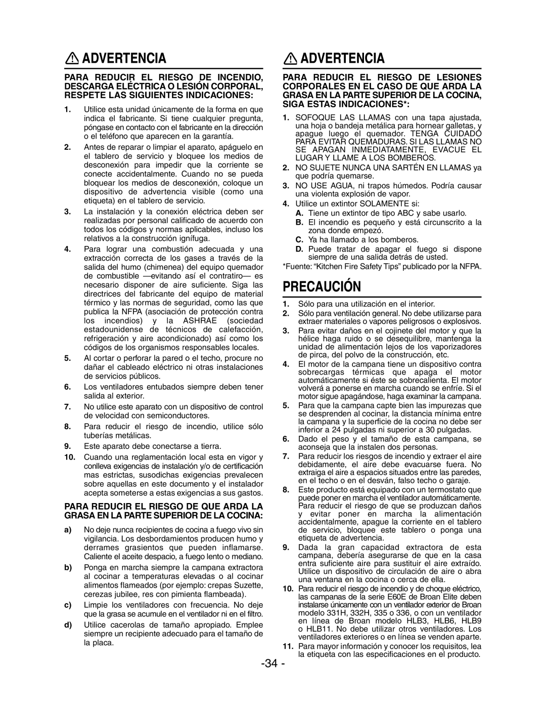 Broan E6036SS, E6030SS installation instructions Advertencia, Precaución 