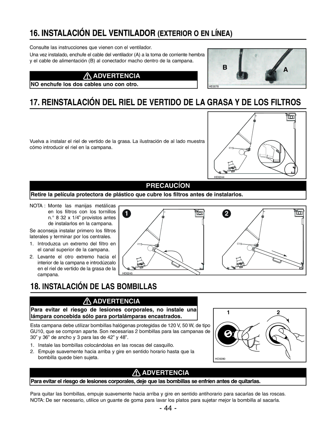 Broan E6036SS, E6030SS Instalación DEL Ventilador Exterior O EN Línea, Instalación DE LAS Bombillas 