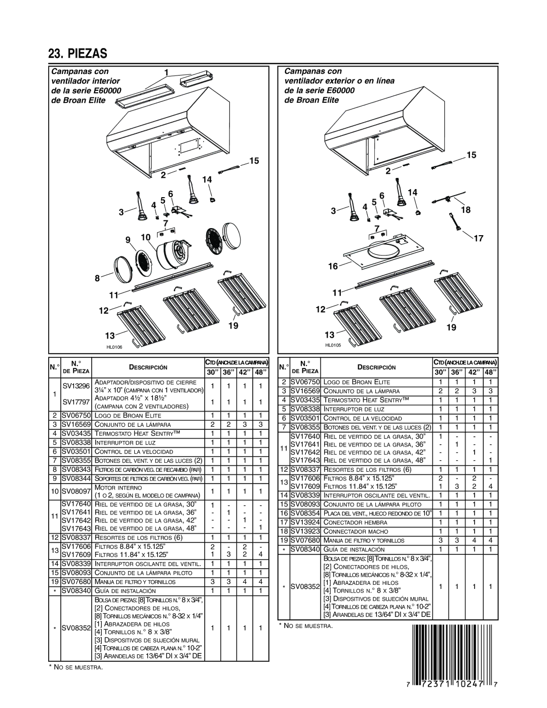 Broan E6036SS, E6030SS Piezas, Filtros 8.84 X, Filtros 11.84 X, Tornillos N X 3/8, Arandelas DE 13/64 DI X 3/4 DE 