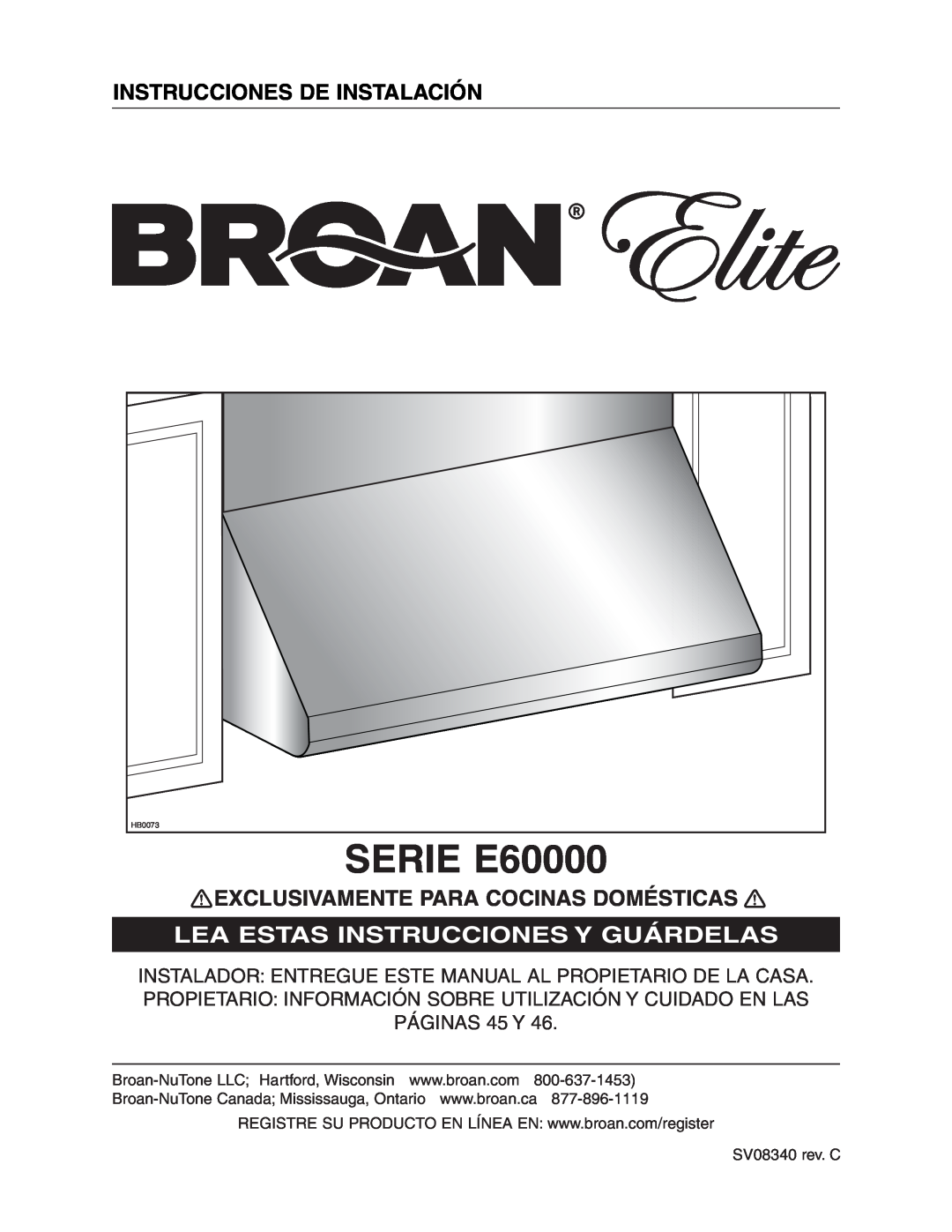 Broan E6030SS, E6036SS SERIE E60000, Instrucciones De Instalación, Exclusivamente Para Cocinas Domésticas, PÁGINAS 45 Y 