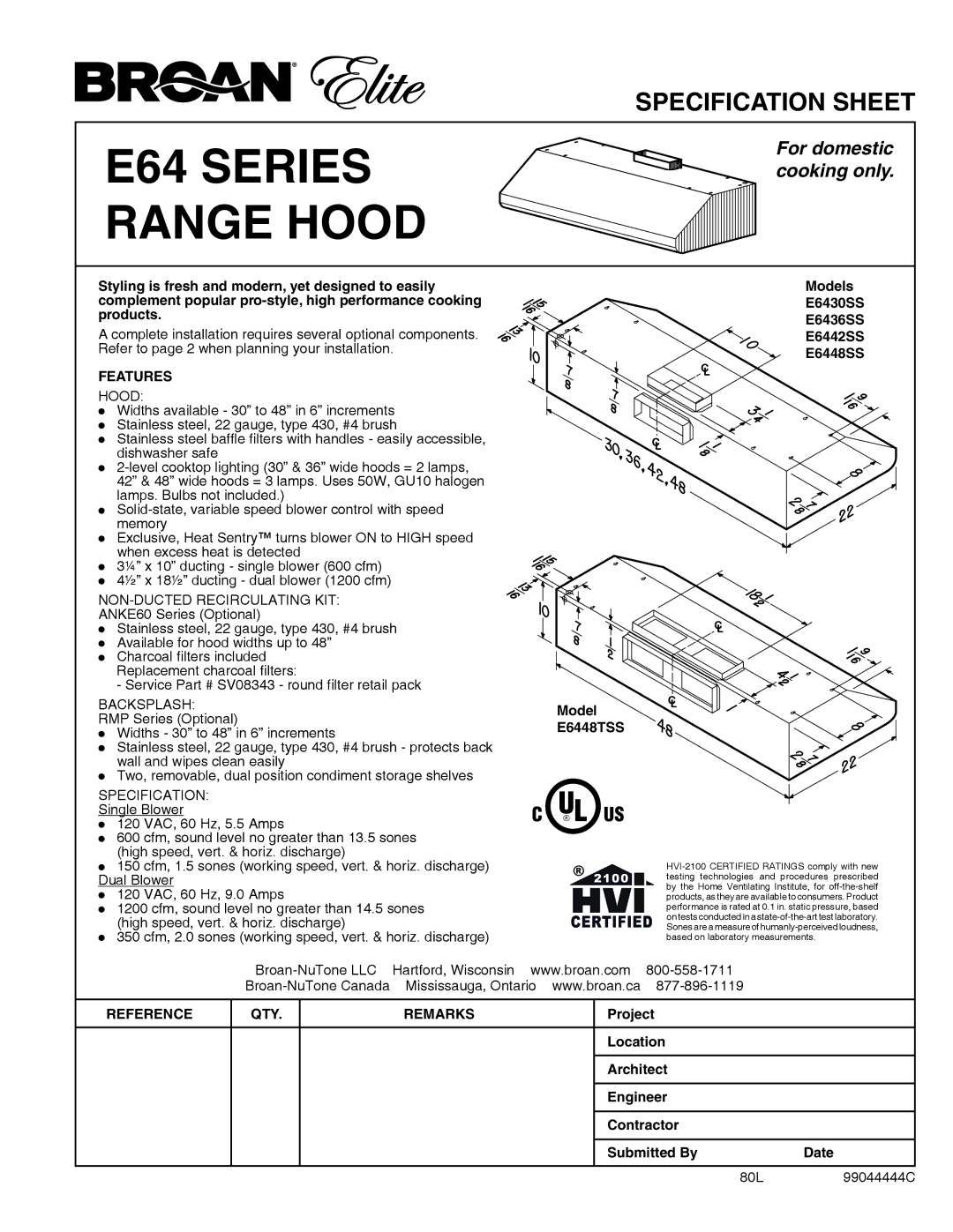 Broan specifications E6448TSS, Models E6430SS E6436SS E6442SS E6448SS 