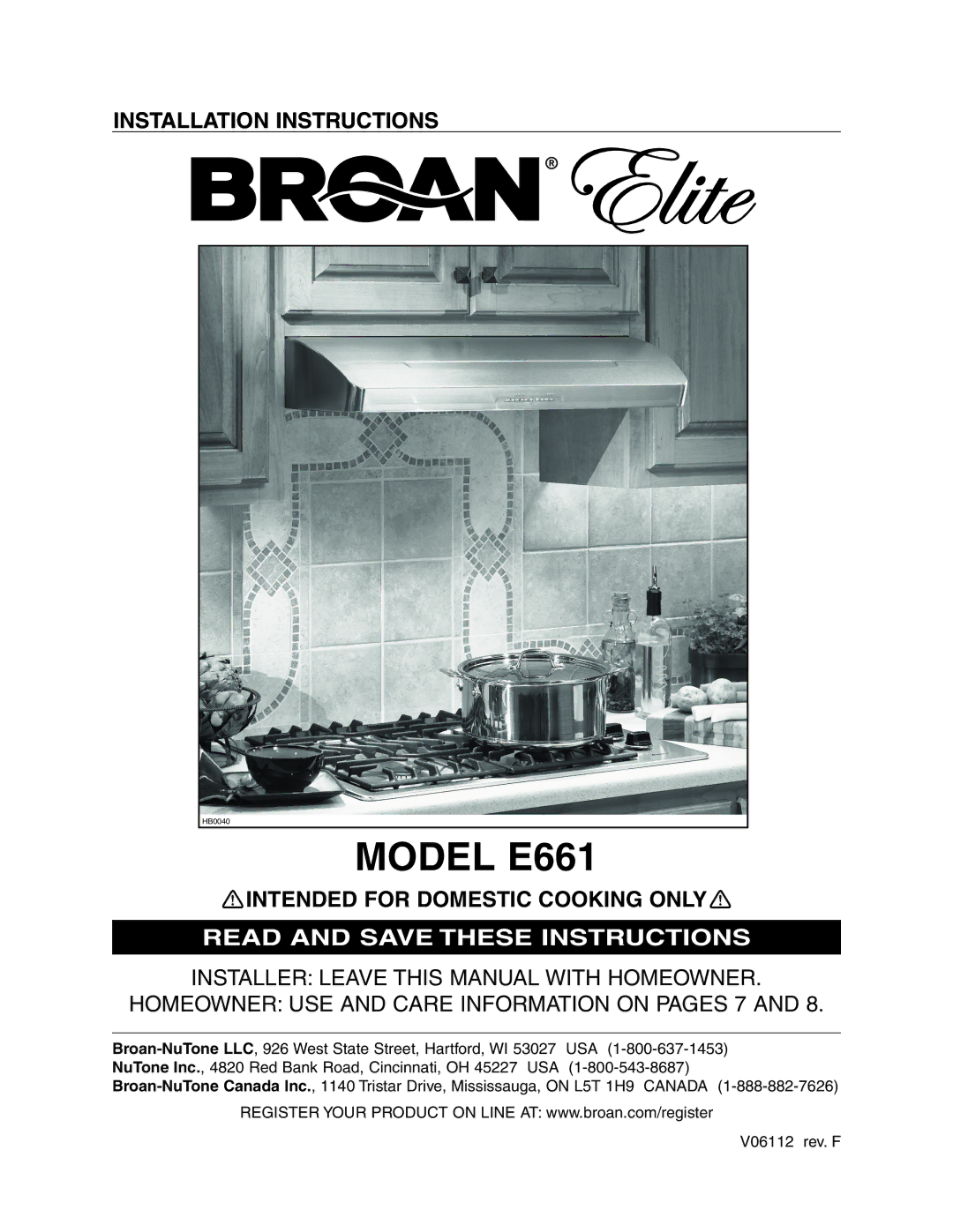 Broan manual Model E661 