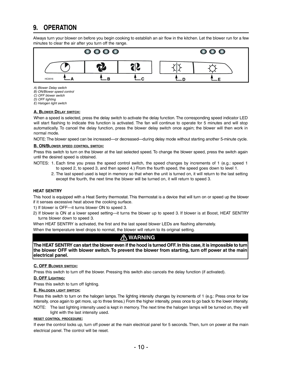 Broan E661 manual Operation, Heat Sentry 