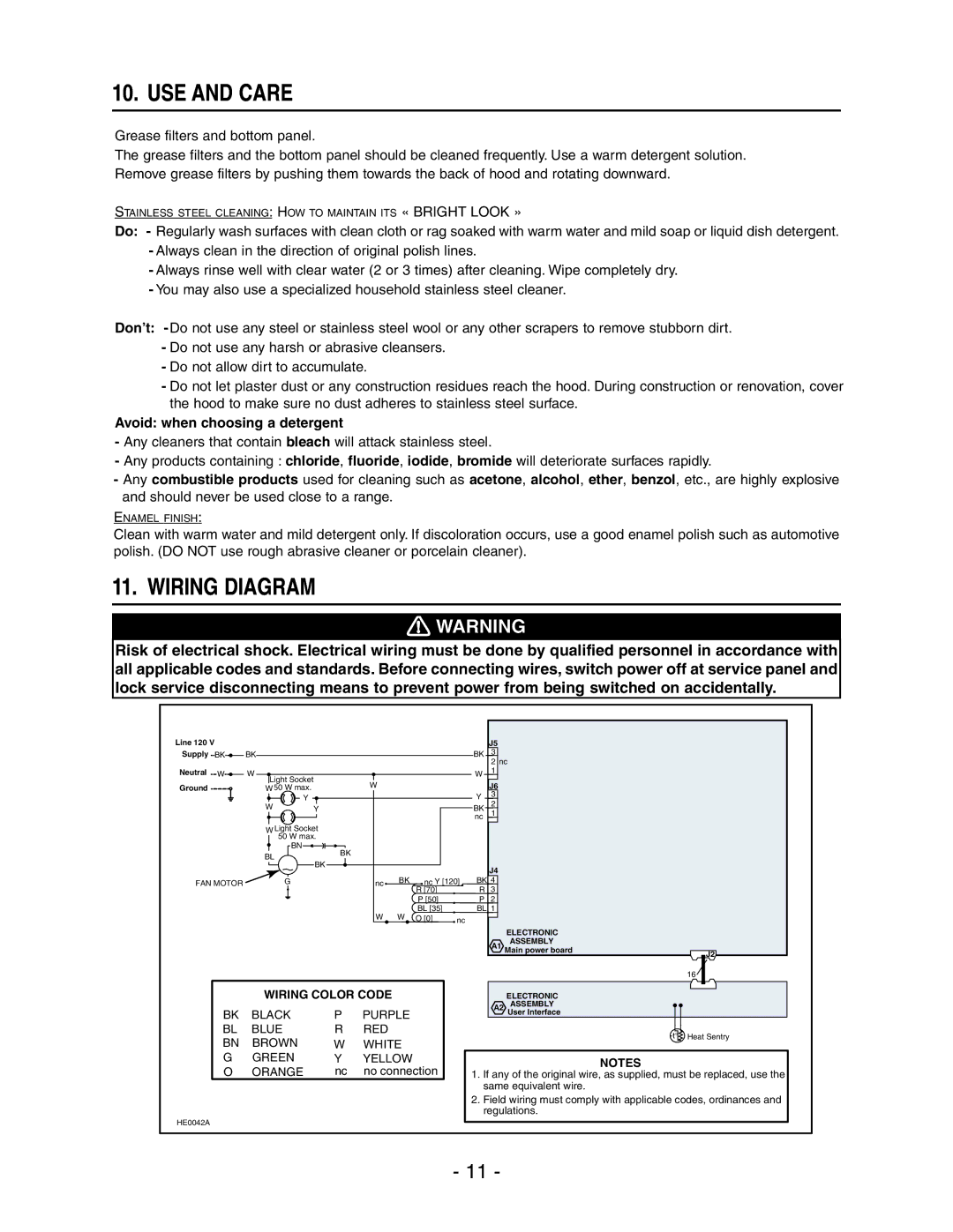 Broan E661 manual USE and Care, Wiring Diagram 