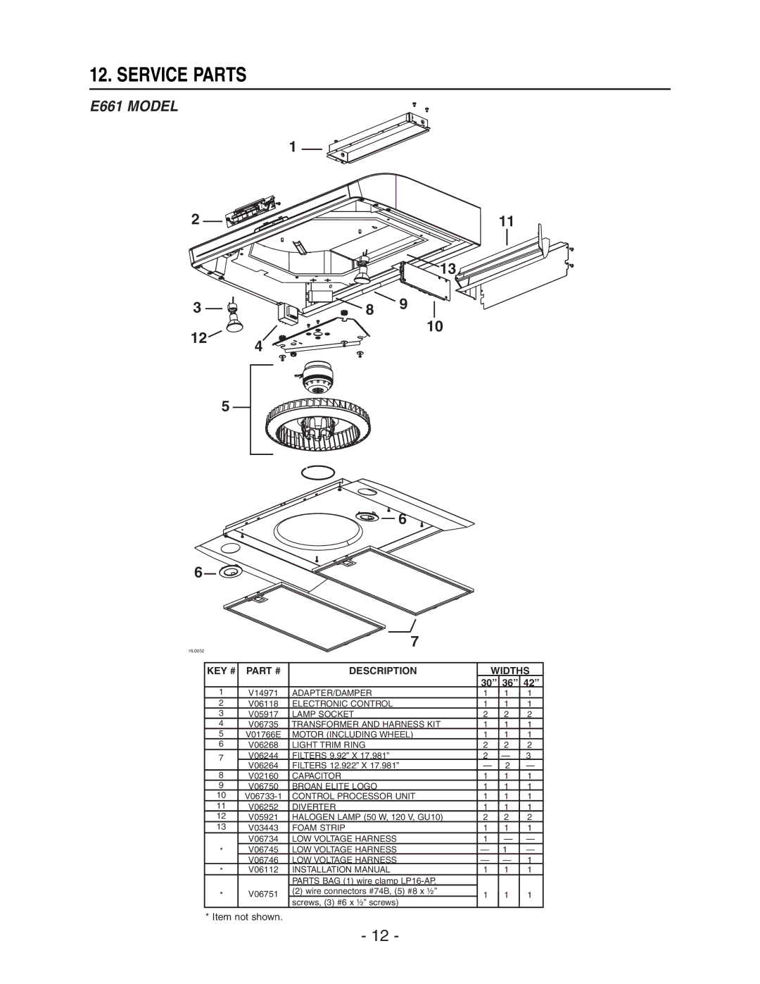 Broan E661 manual Service Parts 