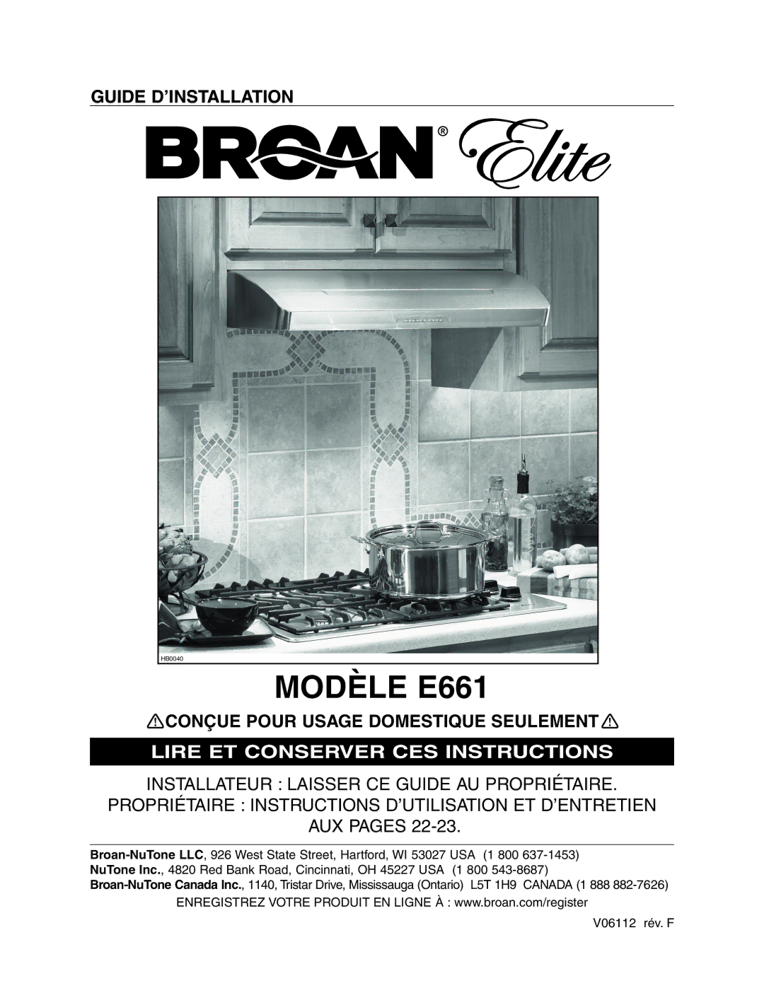 Broan manual Modèle E661 