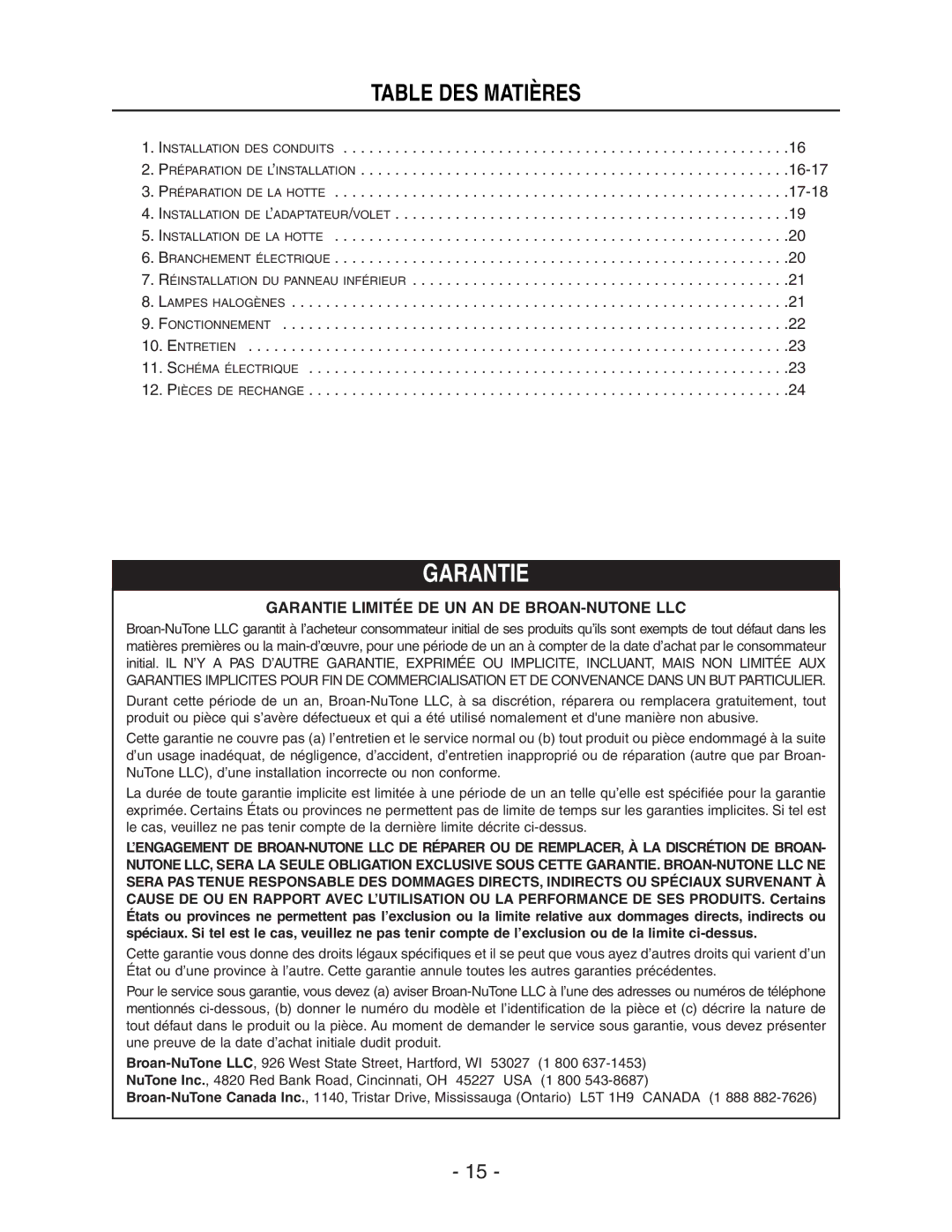 Broan E661 manual Table DES Matières, 17-18 