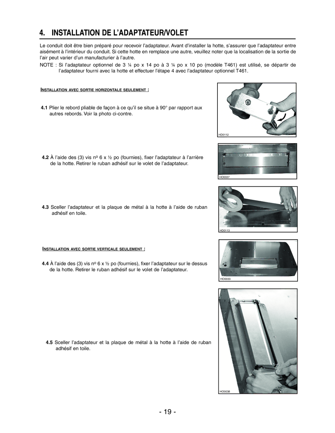 Broan E661 manual Installation DE L’ADAPTATEUR/VOLET 