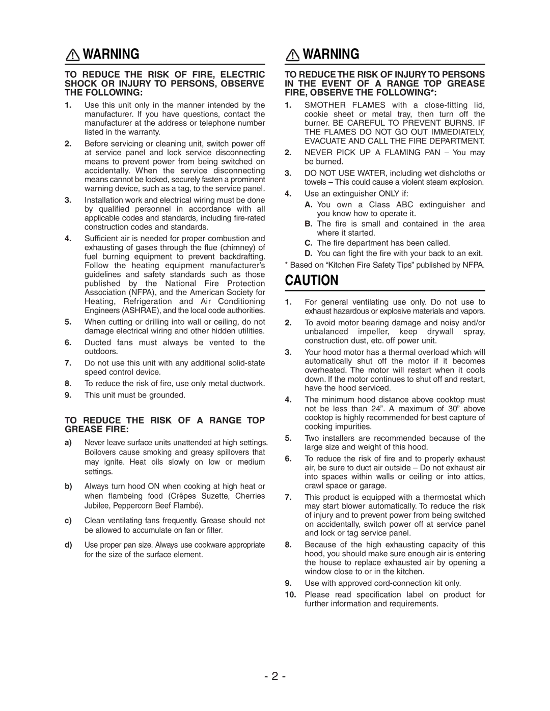 Broan E661 manual To Reduce the Risk of a Range TOP Grease Fire 