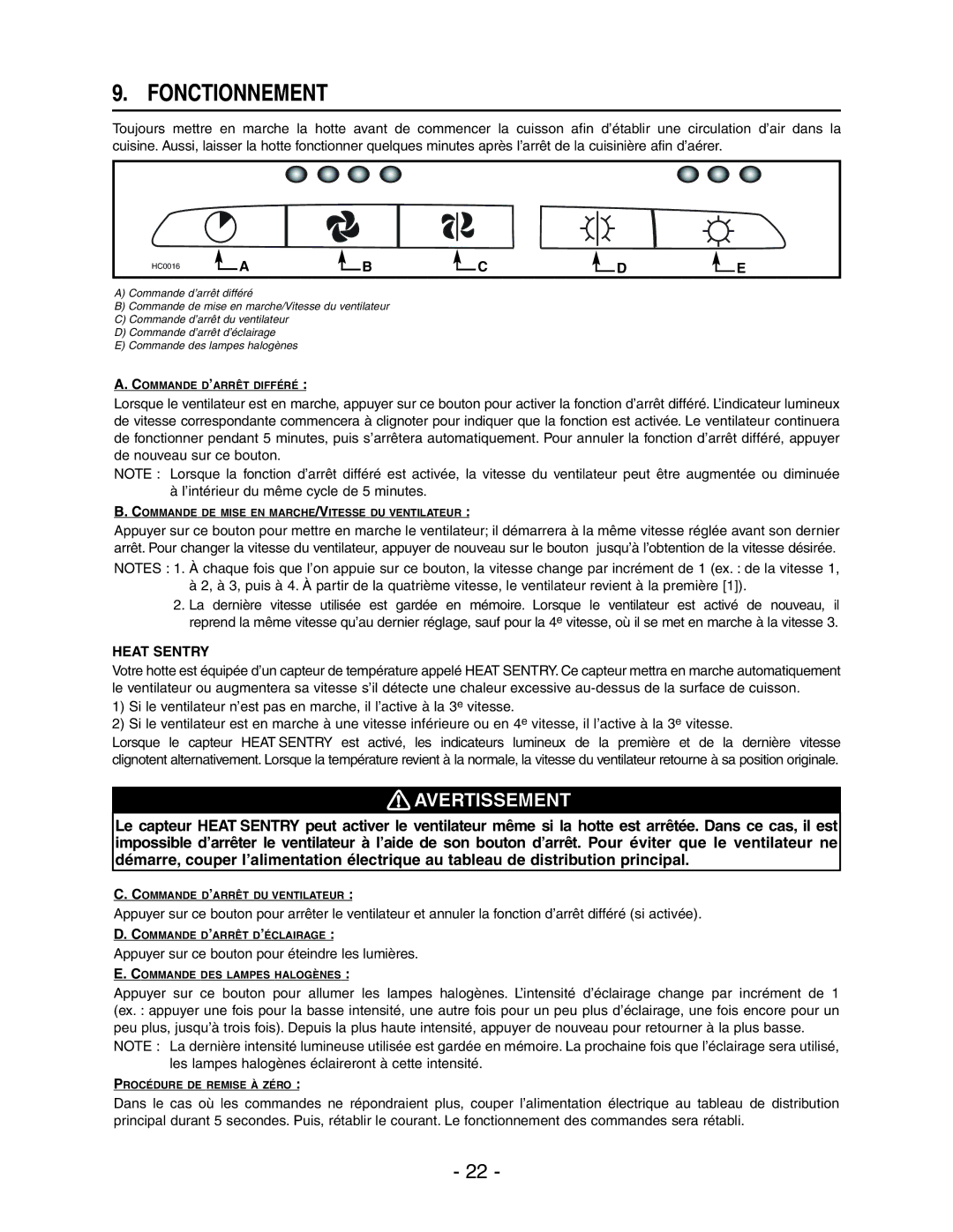 Broan E661 manual Fonctionnement 