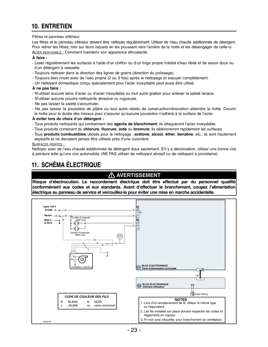 Broan E661 manual Entretien, Schéma Électrique 