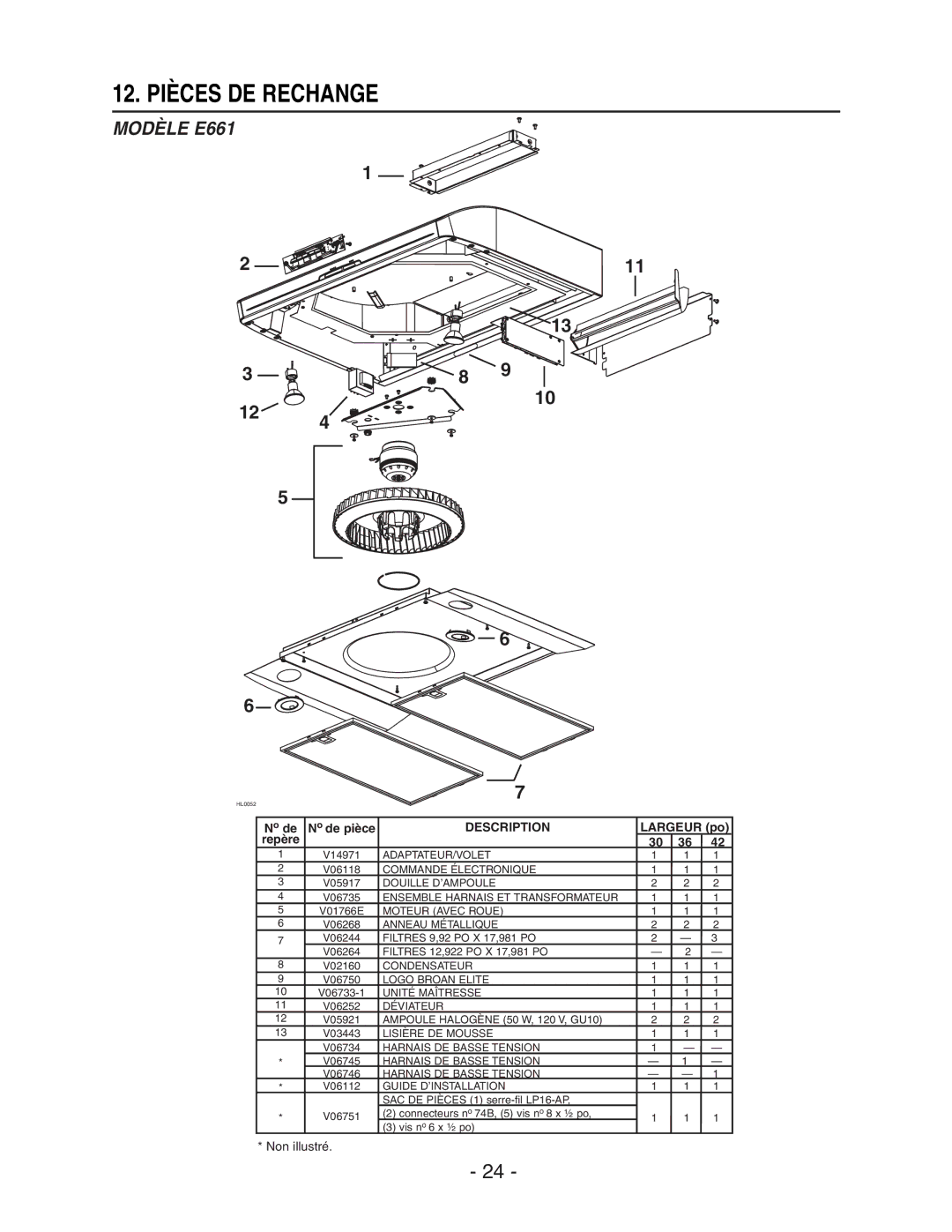 Broan E661 manual 12. Pièces DE Rechange 