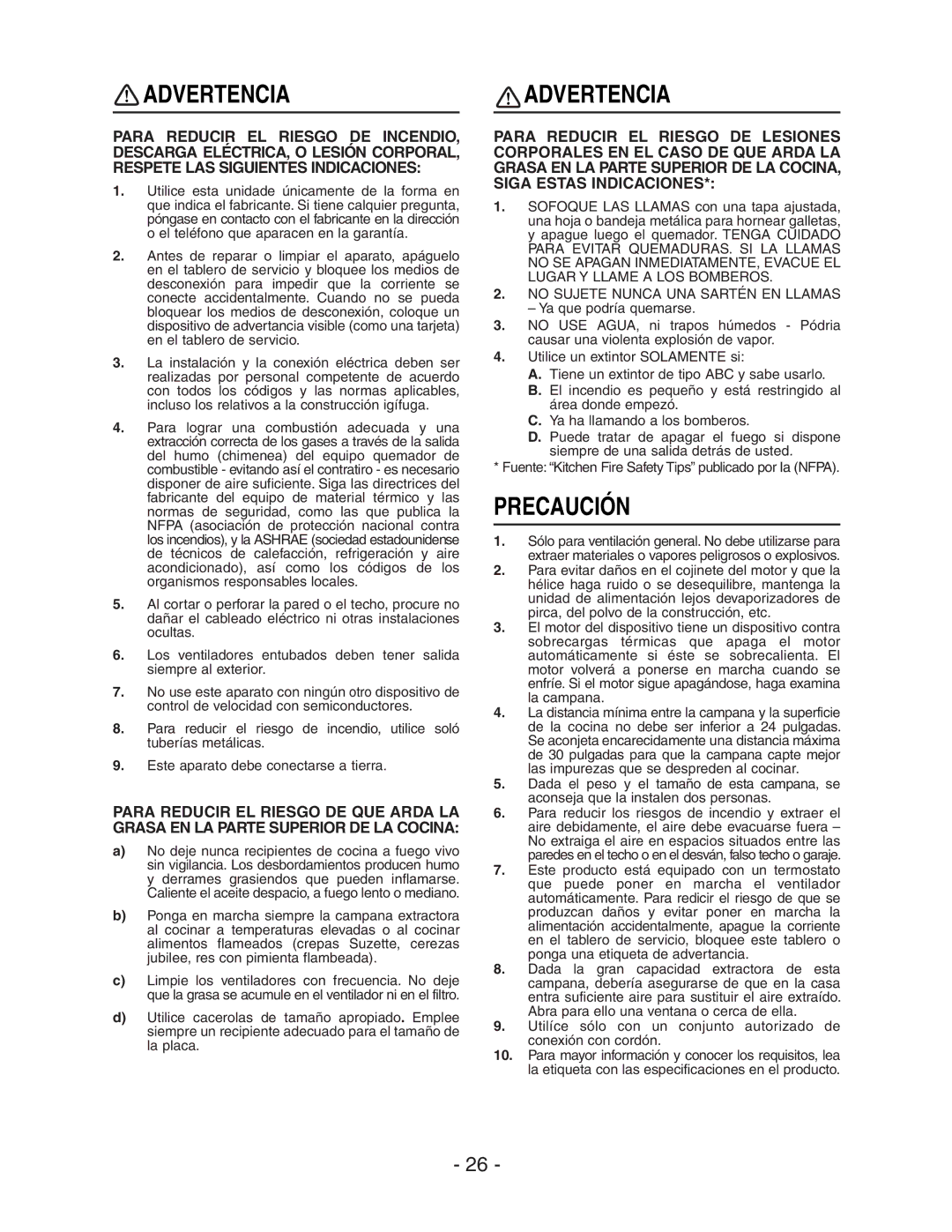 Broan E661 manual Advertencia 