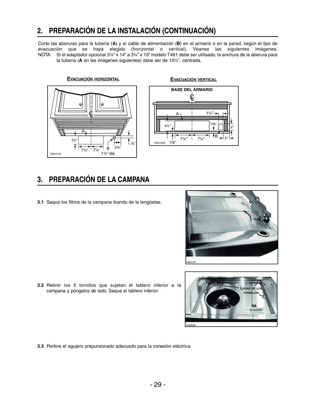 Broan E661 manual Preparación DE LA Instalación Continuación, Preparación DE LA Campana 
