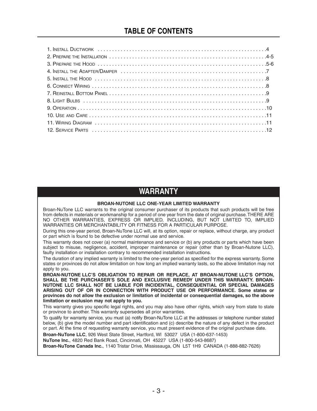 Broan E661 manual Warranty, Table of Contents 