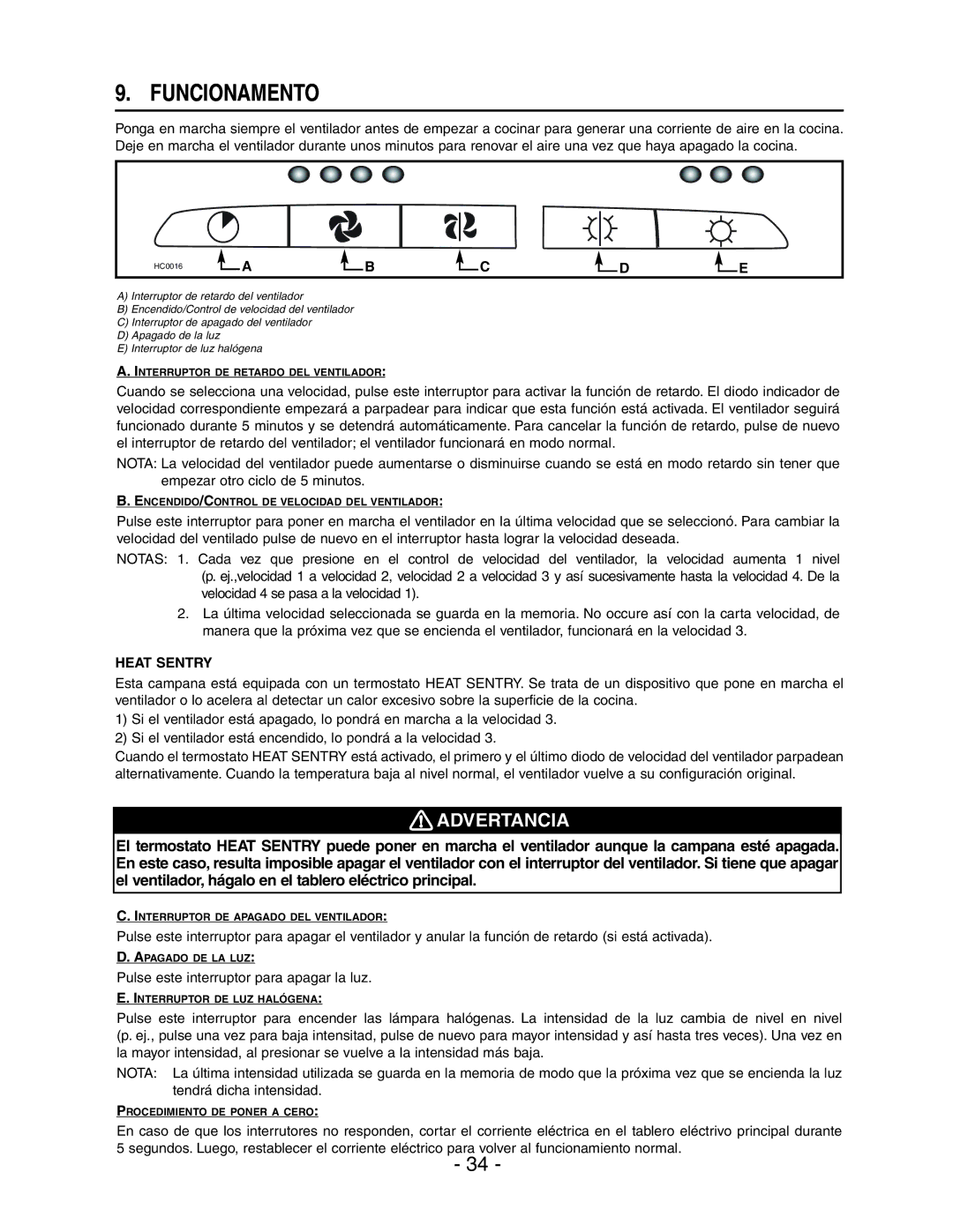 Broan E661 manual Funcionamento 